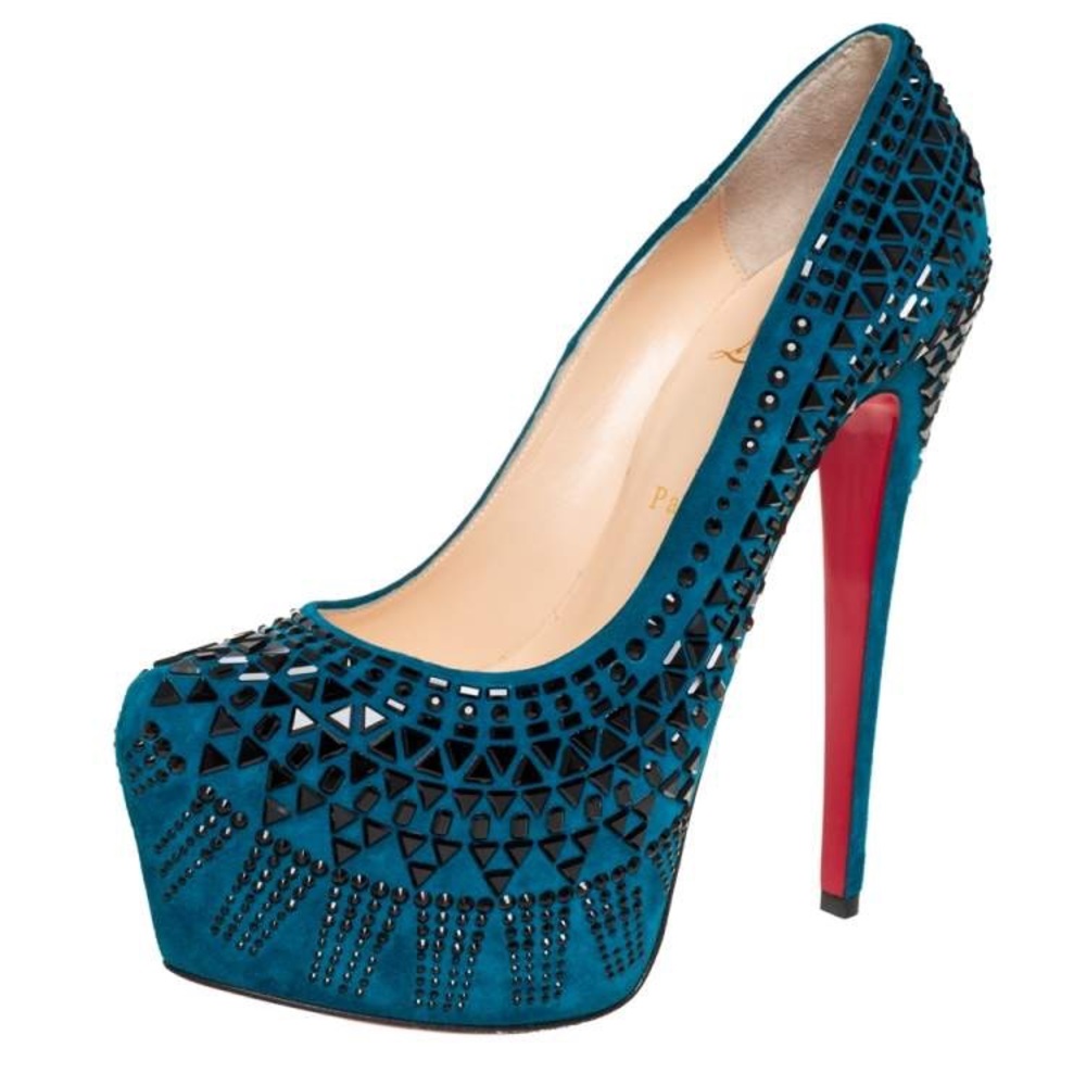 CHRISTIAN LOUBOUTIN Blue 
Decora Strass Suede platform Pumps - Picture 3 of 15